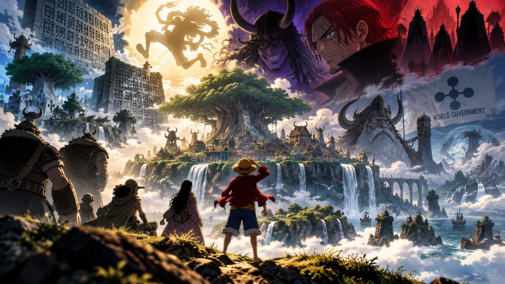 Luffy i njegovi saveznici posmatraju Elbaph dok se u pozadini pojavljuju Nika, Shanks, Loki i Holy Knights